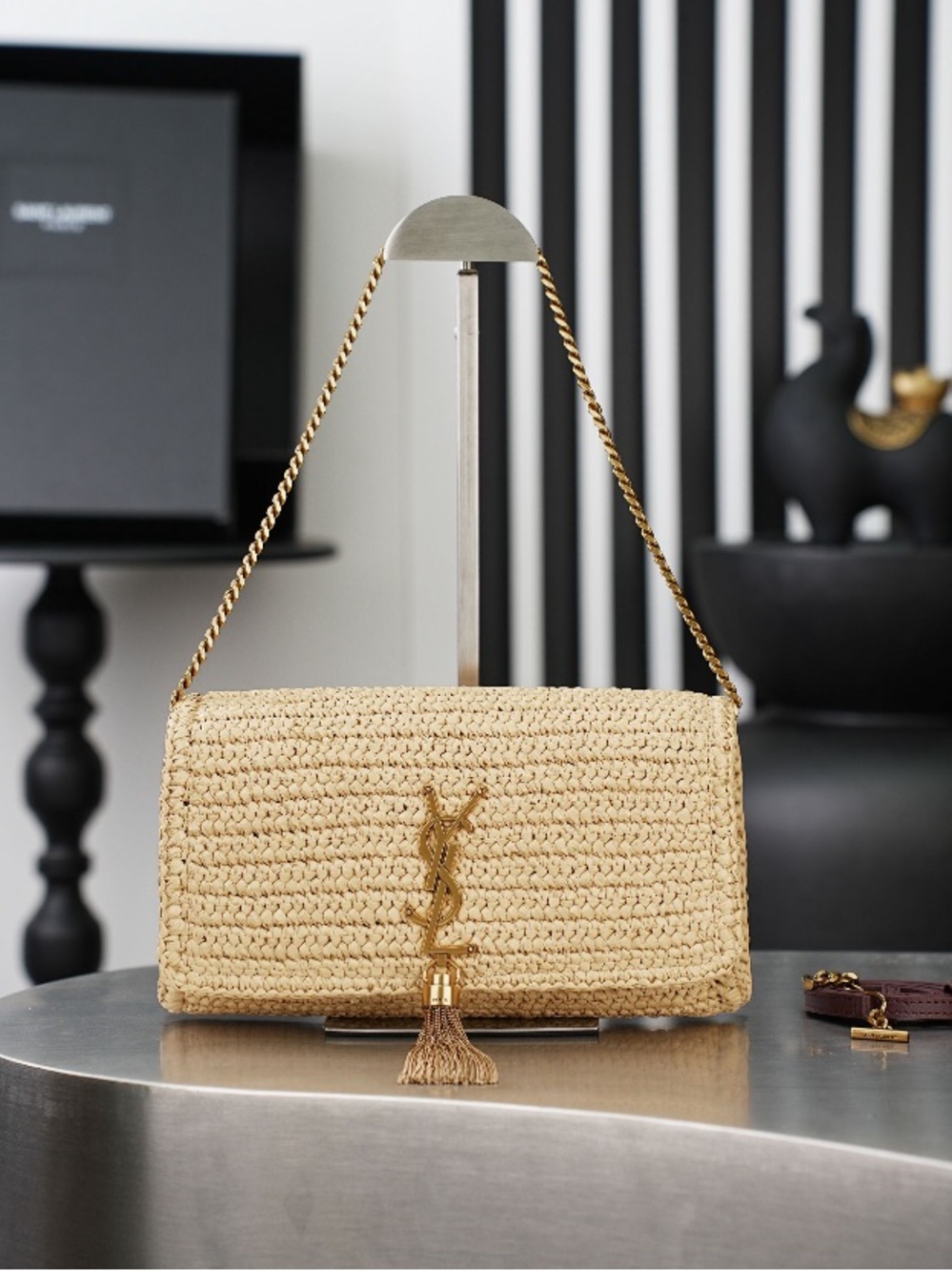 Saint Laurent Raffia Small Shoulder Bag in Natural Beige with Gold Hardware